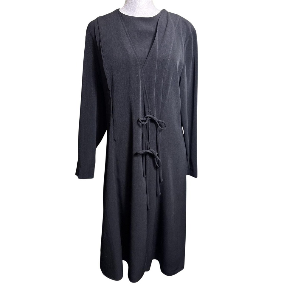 Vtg Leslie Fay Black Midi Dress 8 Whimsigoth Dark Academia Double Front Ties 90s